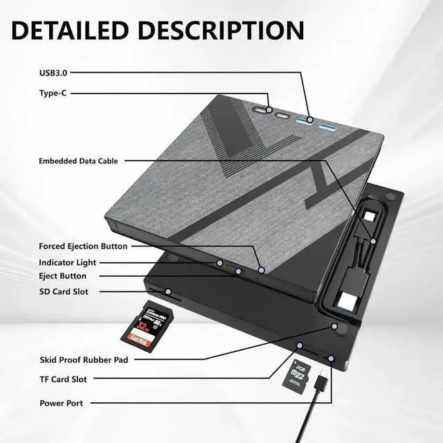 Alt view image 7 of 7 - Vszerda 7 in 1 External USB 3.0 Type C CD DVD Burner Drive with USB A SD TF Card Reader Portable DVD ROM Player for Laptop Desktop Windows Linux