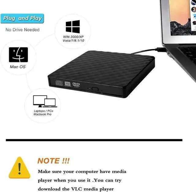 Alt view image 3 of 7 - Vszerda Portable External DVD Drive USB 3.0 Slim CD DVD RW ROM Optical Drive for Laptop Desktop PC