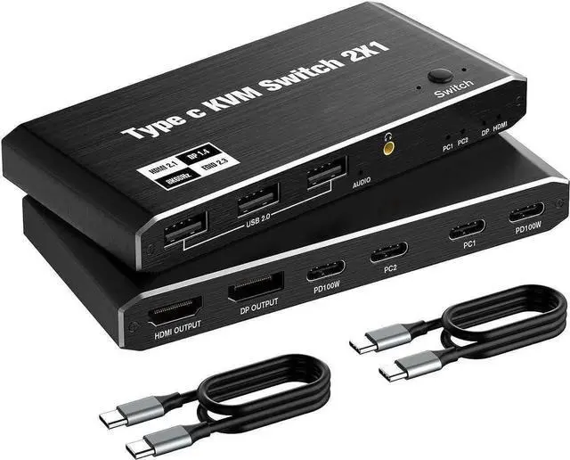 Main image of Vszerda 2 Port USB-C KVM Switch 8K@60Hz 4K@120Hz, Dual Output HDMI+DP Type-C KVM Switcher for 2 PCs Share Single Monitor, 100W PD Charging, 3 USB 2.0 Ports, 2 USB-C Cables Included