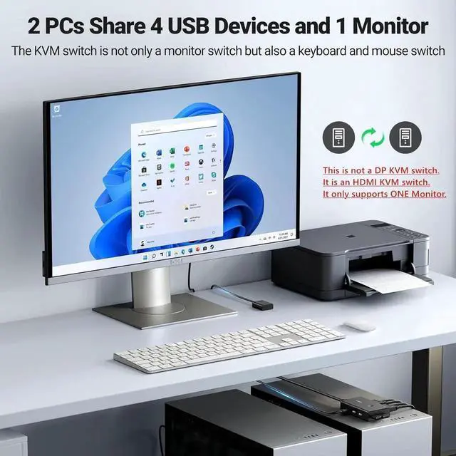 Alt view image 7 of 7 - Vszerda 2 Port HDMI KVM Switch 4K@60Hz, 2 Computers Share 1 Monitor & 4 USB Ports for Keyboard Mouse Printer, KVM Switcher with Wired Desktop Controller, 2 HDMI Cables + 2 USB Cables Included