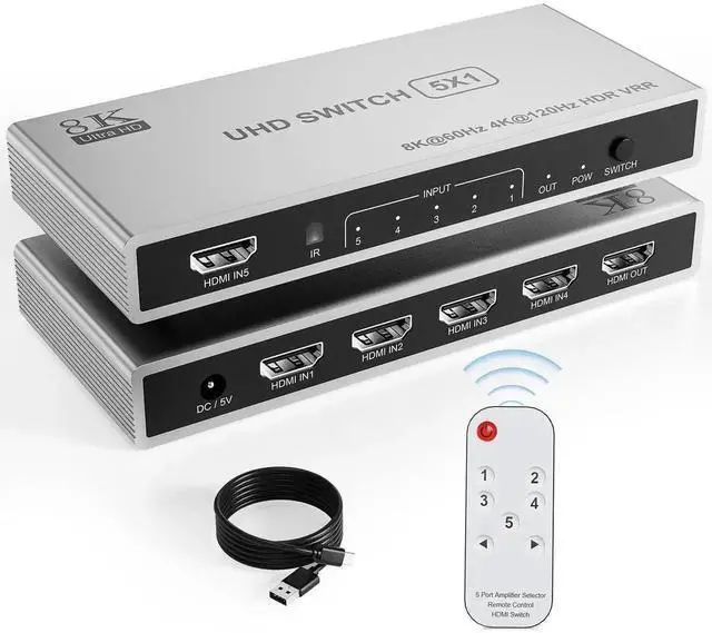 Main image of Vszerda 5 In 1 Out HDMI 2.1 Switch Box with IR Remote, 8K@60Hz 4K@120Hz 5-Port HDMI Port Expander Selector Support HDR CEC 3D HDCP2.3 for Game Consoles TV Streaming Stick