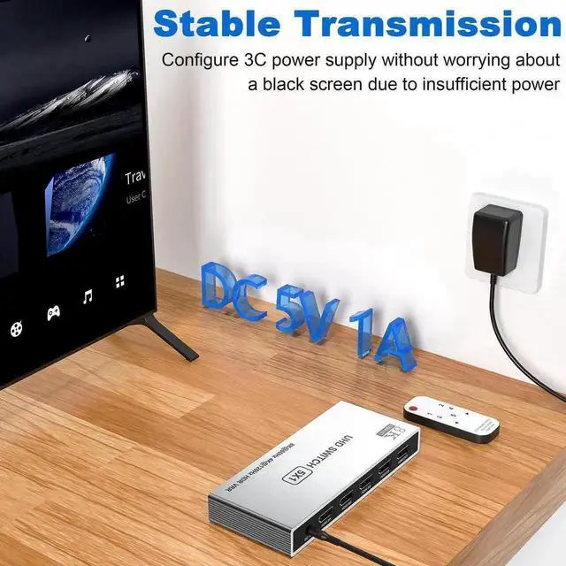 Alt view image 4 of 6 - Vszerda 5 In 1 Out HDMI 2.1 Switch Box with IR Remote, 8K@60Hz 4K@120Hz 5-Port HDMI Port Expander Selector Support HDR CEC 3D HDCP2.3 for Game Consoles TV Streaming Stick