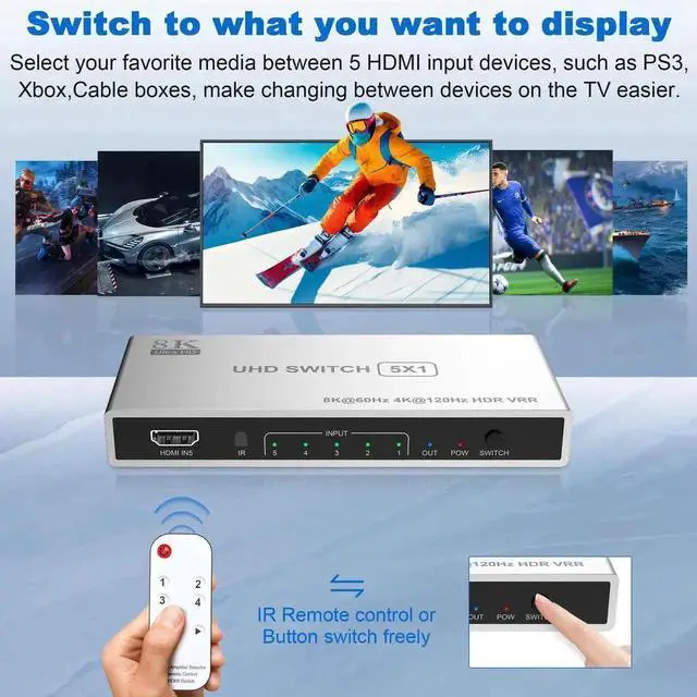 Alt view image 6 of 6 - Vszerda 5 In 1 Out HDMI 2.1 Switch Box with IR Remote, 8K@60Hz 4K@120Hz 5-Port HDMI Port Expander Selector Support HDR CEC 3D HDCP2.3 for Game Consoles TV Streaming Stick