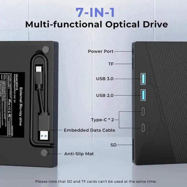 Alt view image 6 of 7 - Vszerda 7-in-1 USB 3.0 & Type-C Portable External CD DVD RW Burner Optical Drive with SD TF Card Reader for Laptop Desktop Windows XP/7/8/10 Linux MacOS