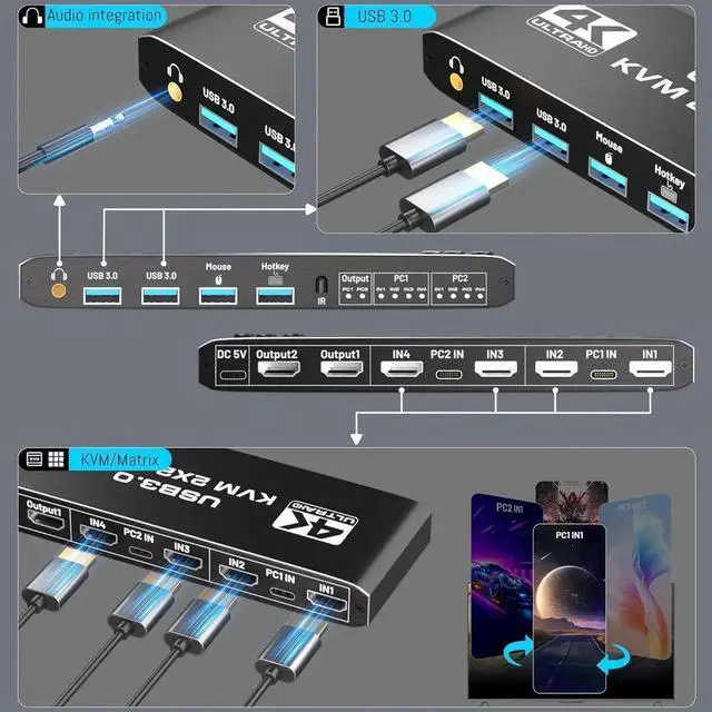 Alt view image 3 of 7 - Vszerda 2 Computers Dual Monitor USB 3.0 KVM Switch, 4 In 2 Out HDMI Matrix 4K@60Hz HDCP2.3, Hotkey & Remote Control Supported