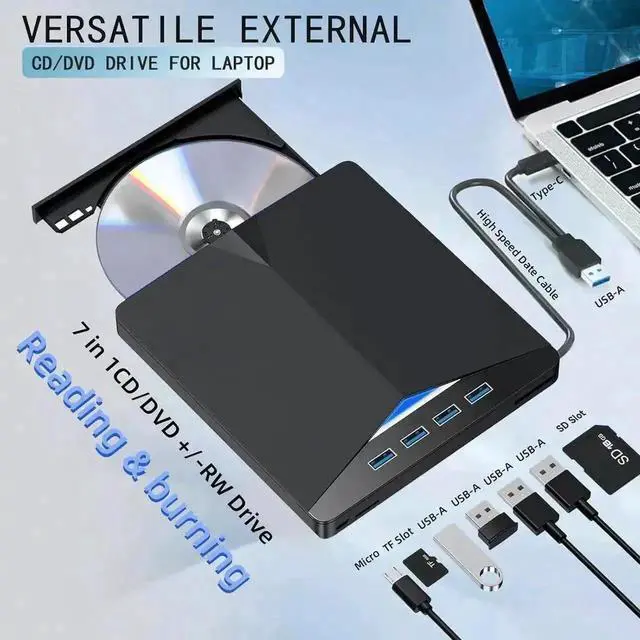 Alt view image 4 of 7 - Vszerda 7 in 1 USB 3.0 Type-C External CD DVD RW Burner Portable Optical Drive Reader Player Compatible with Laptop PC Windows 11/10/8/7 Linux Mac OS