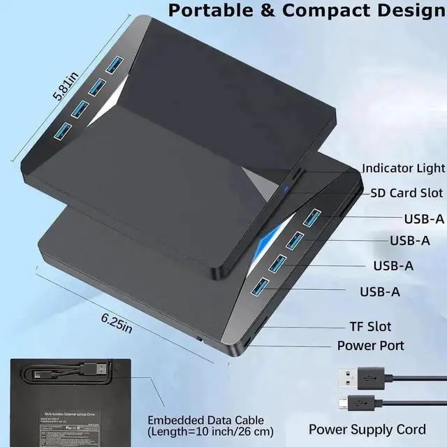 Alt view image 7 of 7 - Vszerda 7 in 1 USB 3.0 Type-C External CD DVD RW Burner Portable Optical Drive Reader Player Compatible with Laptop PC Windows 11/10/8/7 Linux Mac OS