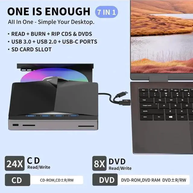 Alt view image 5 of 7 - Vszerda 7 in 1 USB 3.0 Type-C External CD DVD RW Burner Portable Optical Drive Reader Player Compatible with Laptop PC Windows 11/10/8/7 Linux Mac OS