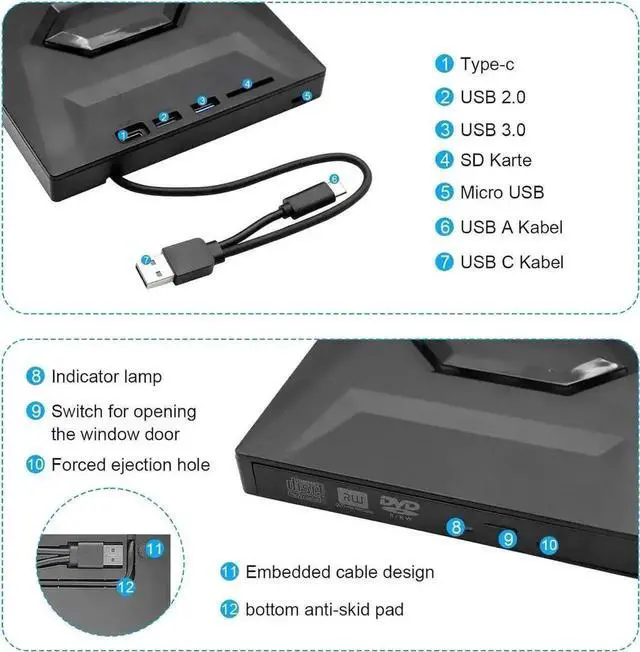 Alt view image 6 of 7 - Vszerda 5 in 1 USB 3.0 Type A & Type-C Portable External CD DVD RW Burner Optical Drive SD TF Card Reader Compatible with Laptop Mac Vista Windows 11/10/8.1/8/7 Linux