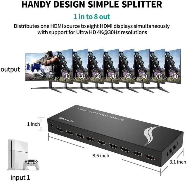 Alt view image 5 of 7 - Vszerda MT-VIKI Powered 1 In 8 Out HDMI Splitter 1×8, 4K@30Hz 3D UHD Video Distributor for HDTV Projector Multi-Monitor Mirror Display