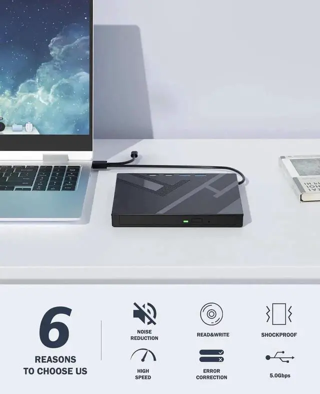 Alt view image 5 of 7 - Vszerda 7 in 1 USB 3.0 Type-C Portable External CD DVD RW Burner Optical Drive with SD TF Card Reader for Laptop Desktop Windows Linux
