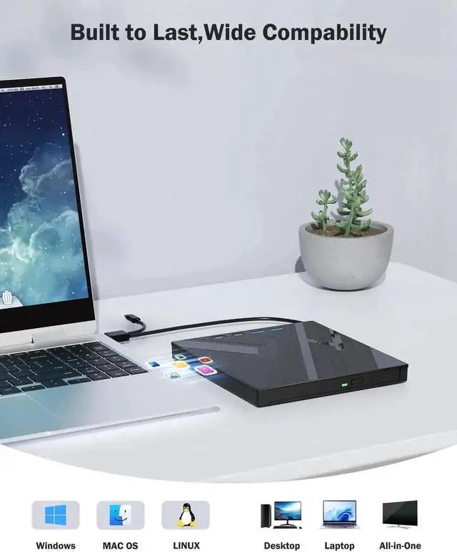 Alt view image 7 of 7 - Vszerda 7 in 1 USB 3.0 Type-C Portable External CD DVD RW Burner Optical Drive with SD TF Card Reader for Laptop Desktop Windows Linux