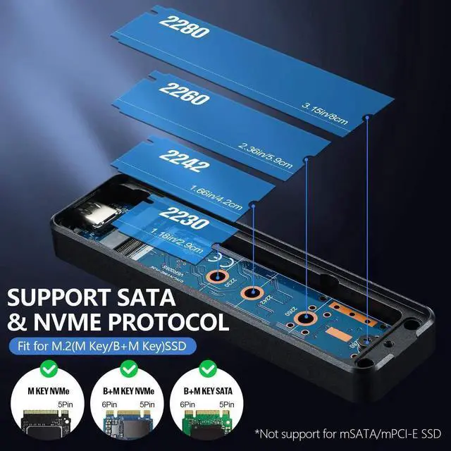 Alt view image 2 of 7 - Vszerda 10Gbps Tool-Free M.2 NVMe & SATA SSD Enclosure, Aluminum External NGFF Hard Drive Case, Support M Key / B+M Key 2230/2242/2260/2280 SSD