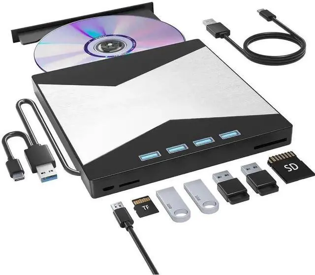 Main image of Vszerda 7 in 1 Ultra-Slim External CD DVD RW Burner Optical Drive with 4 USB Ports SD TF Dual Card Reader Compatible with Desktop Mac Windows Laptop