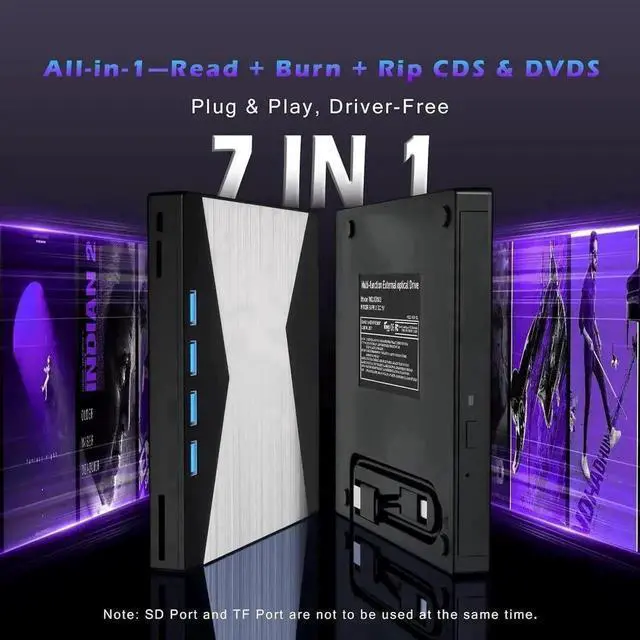 Alt view image 3 of 7 - Vszerda 7 in 1 Ultra-Slim External CD DVD RW Burner Optical Drive with 4 USB Ports SD TF Dual Card Reader Compatible with Desktop Mac Windows Laptop