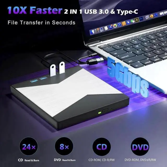 Alt view image 5 of 7 - Vszerda 7 in 1 Ultra-Slim External CD DVD RW Burner Optical Drive with 4 USB Ports SD TF Dual Card Reader Compatible with Desktop Mac Windows Laptop