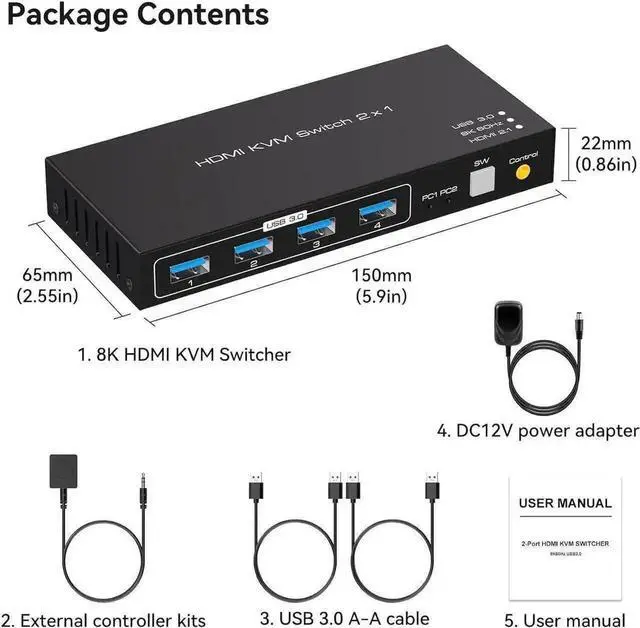 Alt view image 3 of 7 - Vszerda 2-Port HDMI 2.1 KVM Switch, Support 8K@60Hz & 4K@120Hz, 4-Port USB 3.0 Hub, 2 PCs Share One Monitor, External Desktop Controller & 2 USB Cables Included