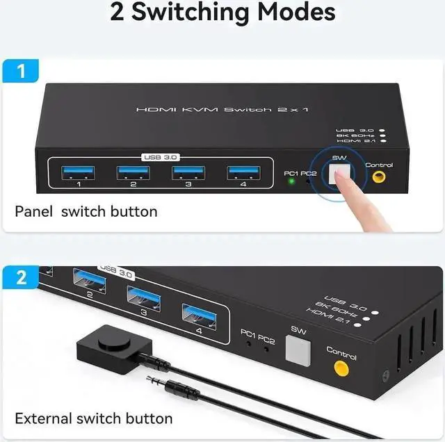 Alt view image 4 of 7 - Vszerda 2-Port HDMI 2.1 KVM Switch, Support 8K@60Hz & 4K@120Hz, 4-Port USB 3.0 Hub, 2 PCs Share One Monitor, External Desktop Controller & 2 USB Cables Included
