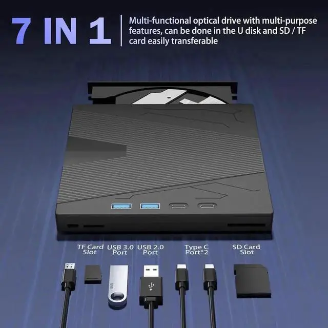 Alt view image 4 of 7 - Vszerda 7-in-1 USB 3.0 Type-C Portable External CD DVD RW Burner Optical Drive Reader Player Compatible with Laptop Desktop Windows XP/7/8/10 Linux MacOS