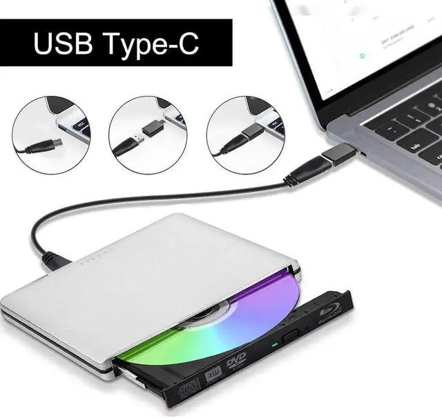 Alt view image 3 of 7 - Vszerda Silver Ultra-Thin External Blu Ray Drive USB3.0 USB-C Portable 3D BD CD DVD Reader Writer Burner Compatible with MacBook Pro Air Mac Laptop Desktop PC