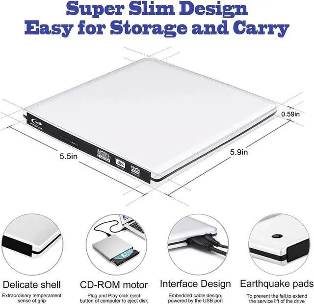 Alt view image 4 of 7 - Vszerda Silver Ultra-Thin External Blu Ray Drive USB3.0 USB-C Portable 3D BD CD DVD Reader Writer Burner Compatible with MacBook Pro Air Mac Laptop Desktop PC