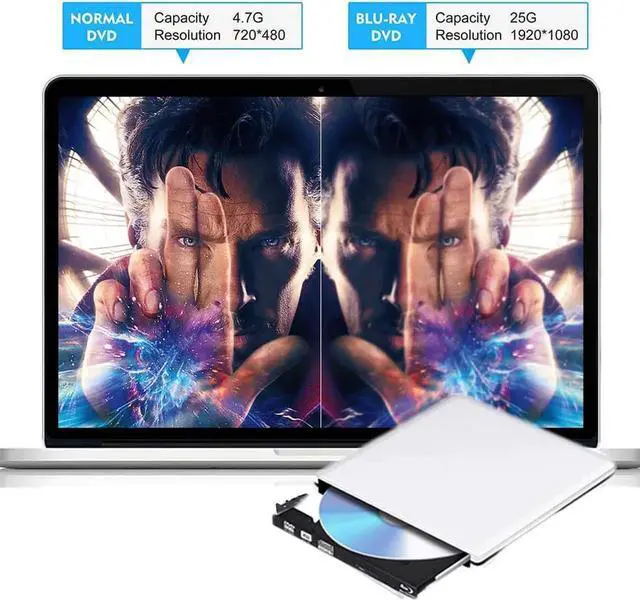 Alt view image 5 of 7 - Vszerda Silver Ultra-Thin External Blu Ray Drive USB3.0 USB-C Portable 3D BD CD DVD Reader Writer Burner Compatible with MacBook Pro Air Mac Laptop Desktop PC