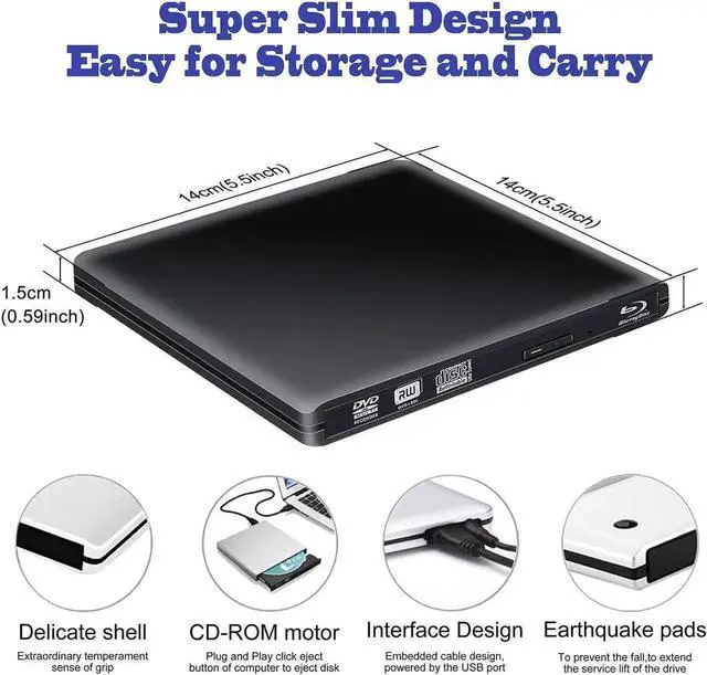 Alt view image 7 of 7 - Vszerda Black Ultra-Thin External 3D Blu Ray Drive USB3.0 Type-C BD CD DVD Reader Writer Burner Compatible with MacBook Pro Air Mac All Brands Laptop Desktop PC