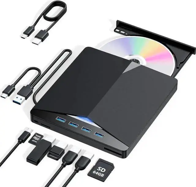 Main image of Vszerda 7-in-1 USB 3.0 Type-C Portable External CD DVD RW Burner Optical Drive with SD TF Card Reader & 4-Port USB Hub Compatible with Laptop Desktop Windows Mac OS Linux