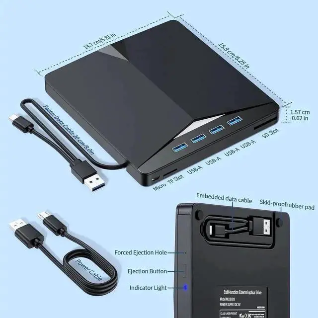 Alt view image 4 of 7 - Vszerda 7-in-1 USB 3.0 Type-C Portable External CD DVD RW Burner Optical Drive with SD TF Card Reader & 4-Port USB Hub Compatible with Laptop Desktop Windows Mac OS Linux