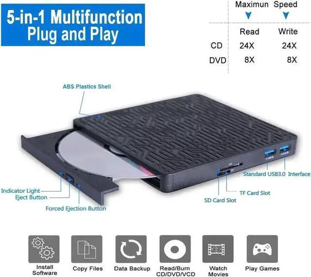 Alt view image 2 of 7 - Vszerda Black USB 3.0 USB-C Multifunctional External CD DVD +/-RW Burner Optical Drive with SD TF Card Reader 2 USB Expansion Ports Charging Function for MacBook Laptop Desktop Mac OS Windows