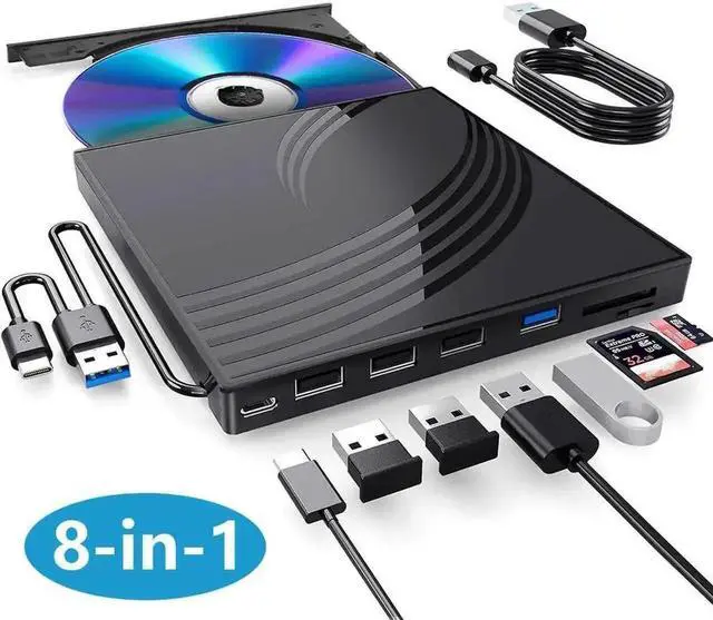 Main image of Vszerda 8 in 1 USB 3.0 Type-C Ultra Slim External CD DVD RW Burner Optical Drive with 4 USB-A SD TF Card Reader Compatible with Laptop Desktop macOS Windows Linux