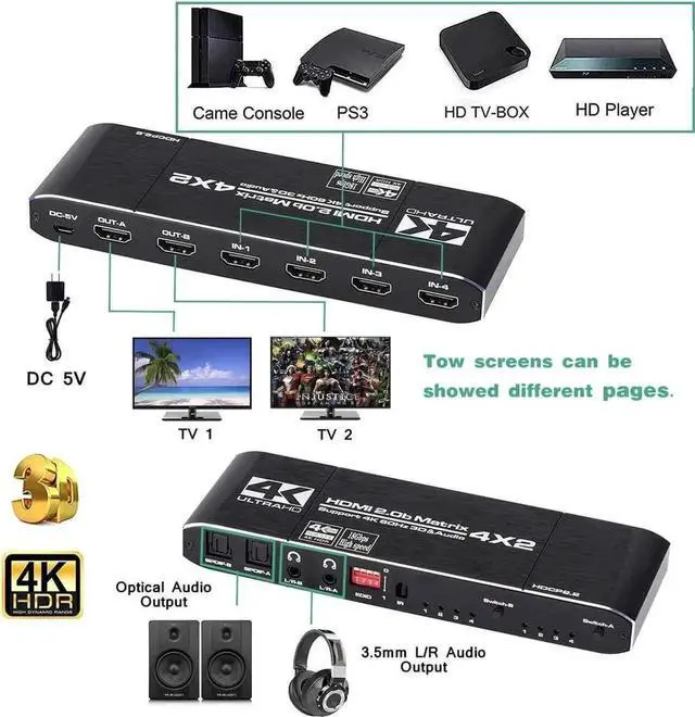 Alt view image 3 of 7 - Vszerda 4X2 HDMI Matrix 4 in 2 Out 4K@60Hz with HDR10, Built-in Downscaler 4K to 1080P, Dual SPDIF & Dual 3.5mm L/R Audio Output, EDID Management, RGB 8:8:8 Video Support