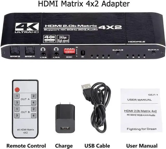 Alt view image 2 of 7 - Vszerda 4X2 HDMI Matrix 4 in 2 Out 4K@60Hz with HDR10, Built-in Downscaler 4K to 1080P, Dual SPDIF & Dual 3.5mm L/R Audio Output, EDID Management, RGB 8:8:8 Video Support