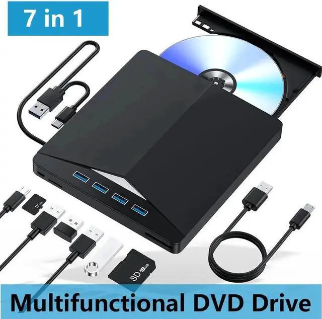Main image of Vszerda 2 Pack 7 in 1 External CD DVD Drive USB3.0 Type-C Portable CD DVD Burner Optical Drive Compatible with Windows 11/10/8/7 Linux Mac Laptop Desktop PC