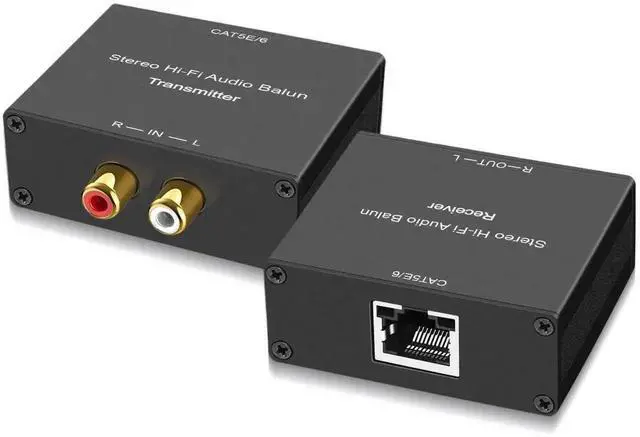 Main image of Vszerda Stereo Hi-Fi Analog Audio Balun Extender, RCA to RCA Stereo Audio Transmitter Receiver Kit, Transmit Audio Signal Over Cat5e Cat6 Ethernet Cable