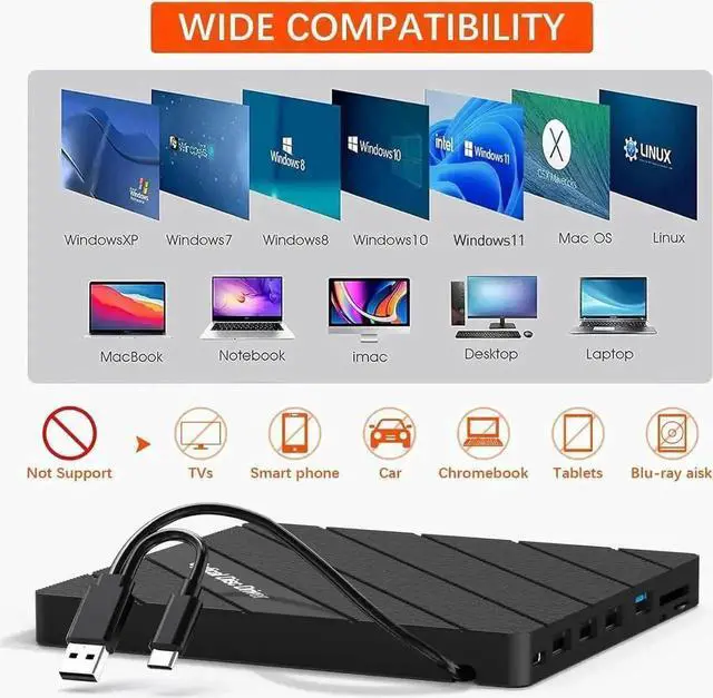 Alt view image 3 of 7 - Vszerda 8 in 1 USB 3.0 Portable External CD DVD RW Burner Optical Drive with 4 USB Ports SD TF Card Reader Type-C Port Compatible with Laptop PC Mac Windows Linux OS