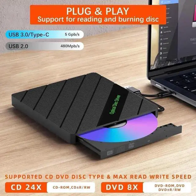 Alt view image 6 of 7 - Vszerda 8 in 1 USB 3.0 Portable External CD DVD RW Burner Optical Drive with 4 USB Ports SD TF Card Reader Type-C Port Compatible with Laptop PC Mac Windows Linux OS