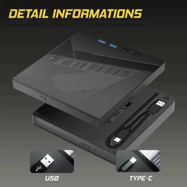 Alt view image 5 of 6 - Vszerda 7-in-1 External CD DVD Drive, USB3.0 & Type-C Portable +/-RW Burner Reader Rewriter, External Optical Disk Drive Compatible with Laptop, PC, Windows XP/7/8/10, Linux, MacOS