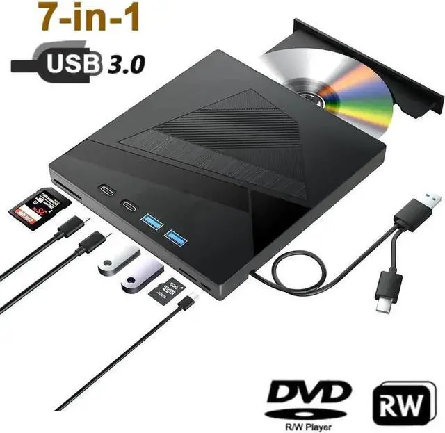 Main image of Vszerda 7-in-1 External CD DVD Drive, USB3.0 & Type-C Portable +/-RW Burner Reader Rewriter, External Optical Disk Drive Compatible with Laptop, PC, Windows XP/7/8/10, Linux, MacOS
