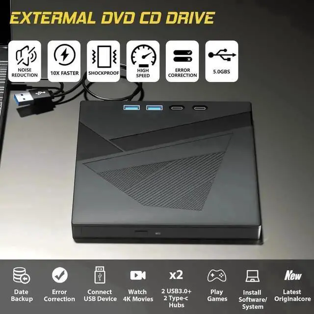 Alt view image 6 of 6 - Vszerda 7-in-1 External CD DVD Drive, USB3.0 & Type-C Portable +/-RW Burner Reader Rewriter, External Optical Disk Drive Compatible with Laptop, PC, Windows XP/7/8/10, Linux, MacOS