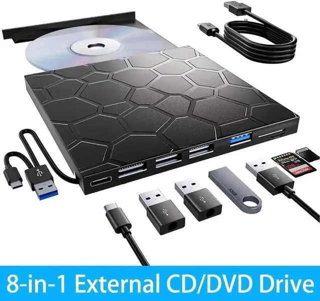 Main image of Vszerda 8-in-1 External CD DVD RW Drive, Portable USB3.0 & Type-C DVD Burner with 4 USB-A Ports, SD/TF Card Reader, Compatible with Laptop PC Windows 7/8/10/11, Linux & MacOS