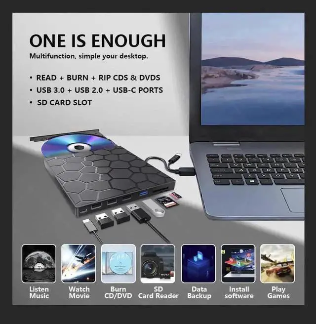 Alt view image 2 of 6 - Vszerda 8-in-1 External CD DVD RW Drive, Portable USB3.0 & Type-C DVD Burner with 4 USB-A Ports, SD/TF Card Reader, Compatible with Laptop PC Windows 7/8/10/11, Linux & MacOS