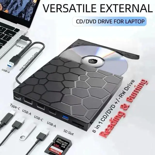 Alt view image 5 of 6 - Vszerda 8-in-1 External CD DVD RW Drive, Portable USB3.0 & Type-C DVD Burner with 4 USB-A Ports, SD/TF Card Reader, Compatible with Laptop PC Windows 7/8/10/11, Linux & MacOS