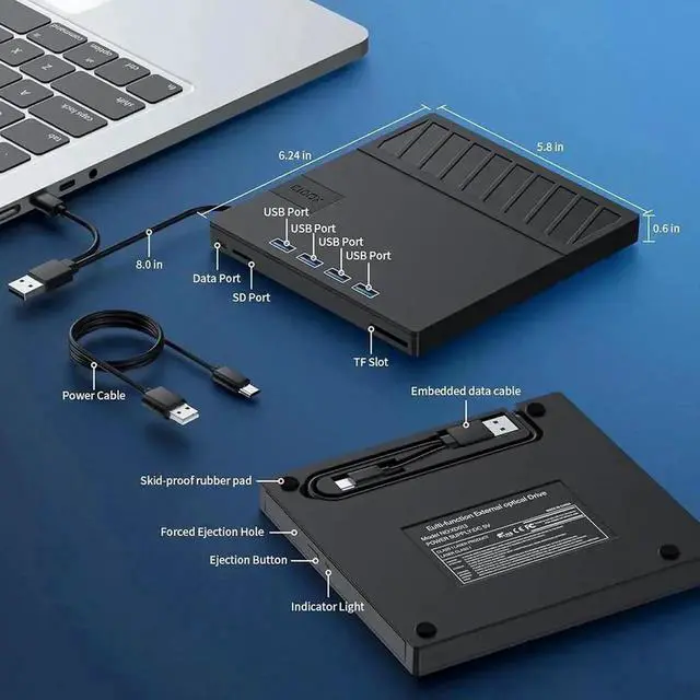 Alt view image 2 of 7 - Vszerda 7-in-1 USB 3.0 Portable External CD DVD RW Burner Optical Drive with SD TF Card Reader 4 USB Expansion Ports Compatible with Laptop Desktop Windows 11/10 Linux MacOS