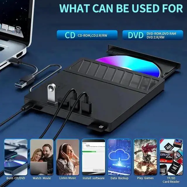 Alt view image 7 of 7 - Vszerda 7-in-1 USB 3.0 Portable External CD DVD RW Burner Optical Drive with SD TF Card Reader 4 USB Expansion Ports Compatible with Laptop Desktop Windows 11/10 Linux MacOS