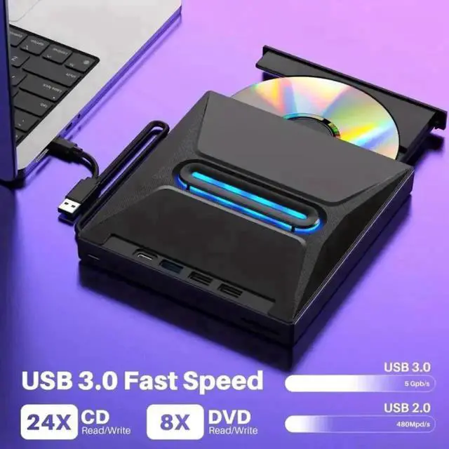 Alt view image 2 of 7 - Vszerda 6-in-1 External CD DVD Drive, Ultra Slim Portable USB3.0 & Type-C CD/DVD +/-RW Burner with SD Card Reader Hub, Compatible with Laptop PC Windows Linux MacOS
