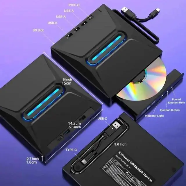 Alt view image 5 of 7 - Vszerda 6-in-1 External CD DVD Drive, Ultra Slim Portable USB3.0 & Type-C CD/DVD +/-RW Burner with SD Card Reader Hub, Compatible with Laptop PC Windows Linux MacOS