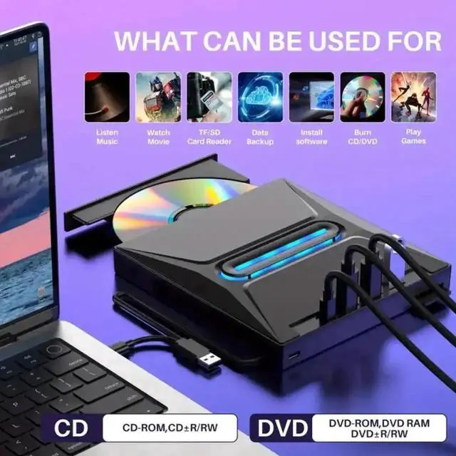 Alt view image 4 of 7 - Vszerda 6-in-1 External CD DVD Drive, Ultra Slim Portable USB3.0 & Type-C CD/DVD +/-RW Burner with SD Card Reader Hub, Compatible with Laptop PC Windows Linux MacOS