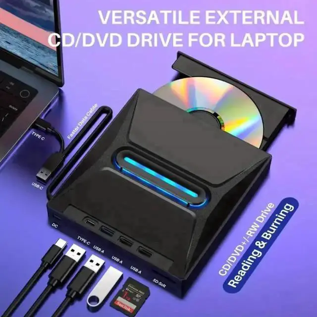 Alt view image 7 of 7 - Vszerda 6-in-1 External CD DVD Drive, Ultra Slim Portable USB3.0 & Type-C CD/DVD +/-RW Burner with SD Card Reader Hub, Compatible with Laptop PC Windows Linux MacOS