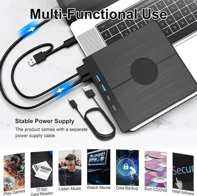 Alt view image 4 of 7 - Vszerda Vszerda7-in-1 USB 3.0 Type-C External CD DVD RW Burner Optical Drive with 4 USB Expansion Ports SD TF Card Reader for Desktop Laptop Windows 11/10/8/7/XP Mac OS Linux